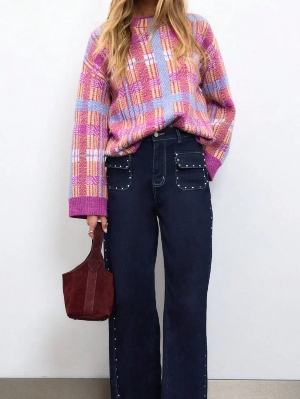 Red Violet Casual Women's Brushed Plaid Knit Sweater With Crew Neck